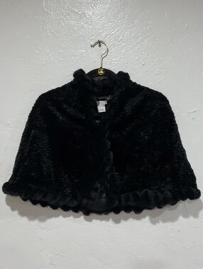 Vintage Cache Black Textured Faux Fur Cape With Scalloped Hem